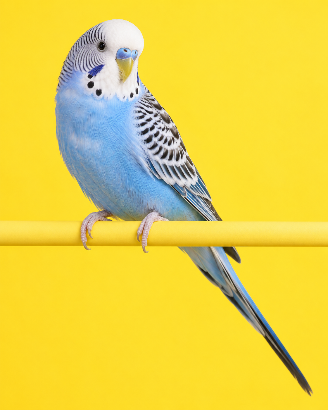 Sky-blue and white budgie on a yellow perch against a bright lemon yellow background