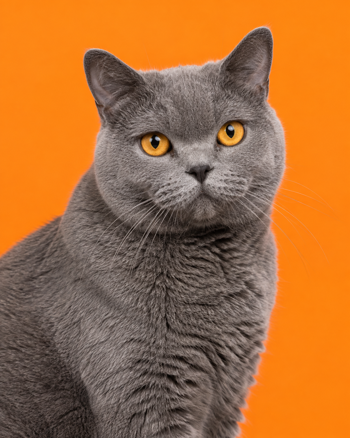 Blue-grey British Shorthair cat with amber eyes against a bright tangerine orange background