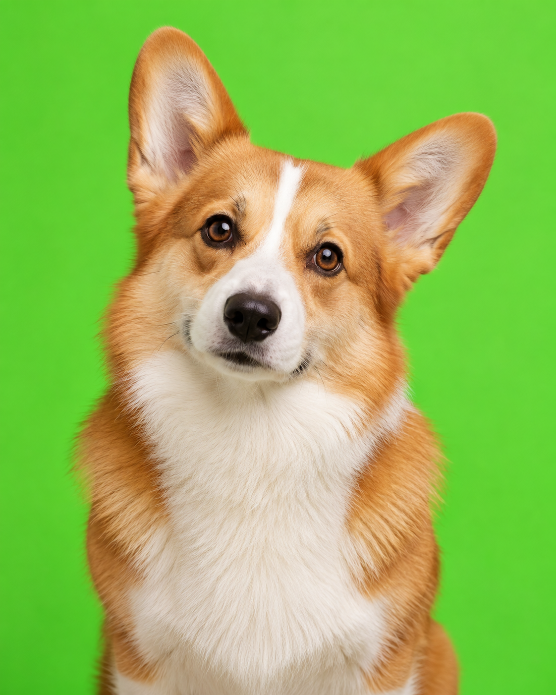 Red-and-white corgi with upright ears and a curious head tilt against a bright green background