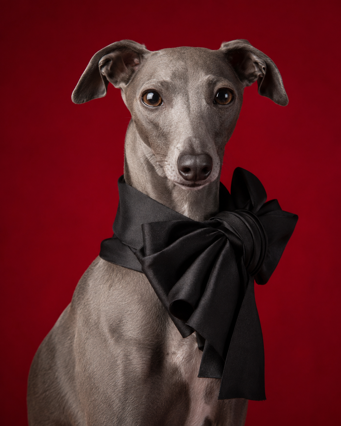Silver Italian greyhound wearing a sculptural black bow against a red studio backdrop