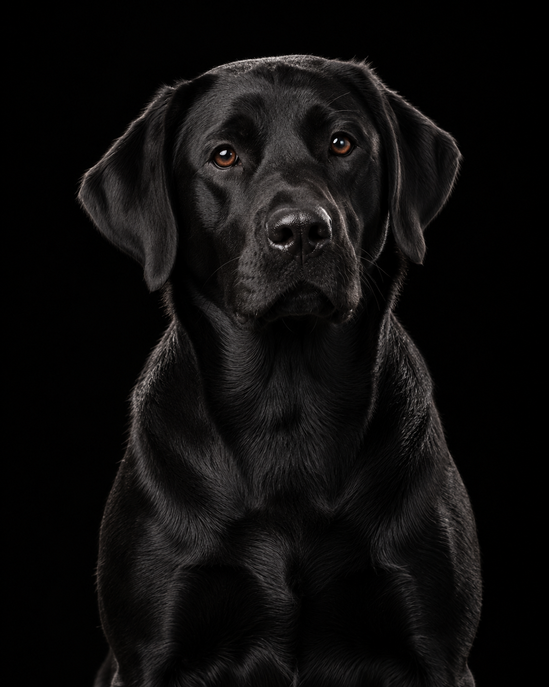 Black Labrador with brown eyes, softly lit against a deep black background