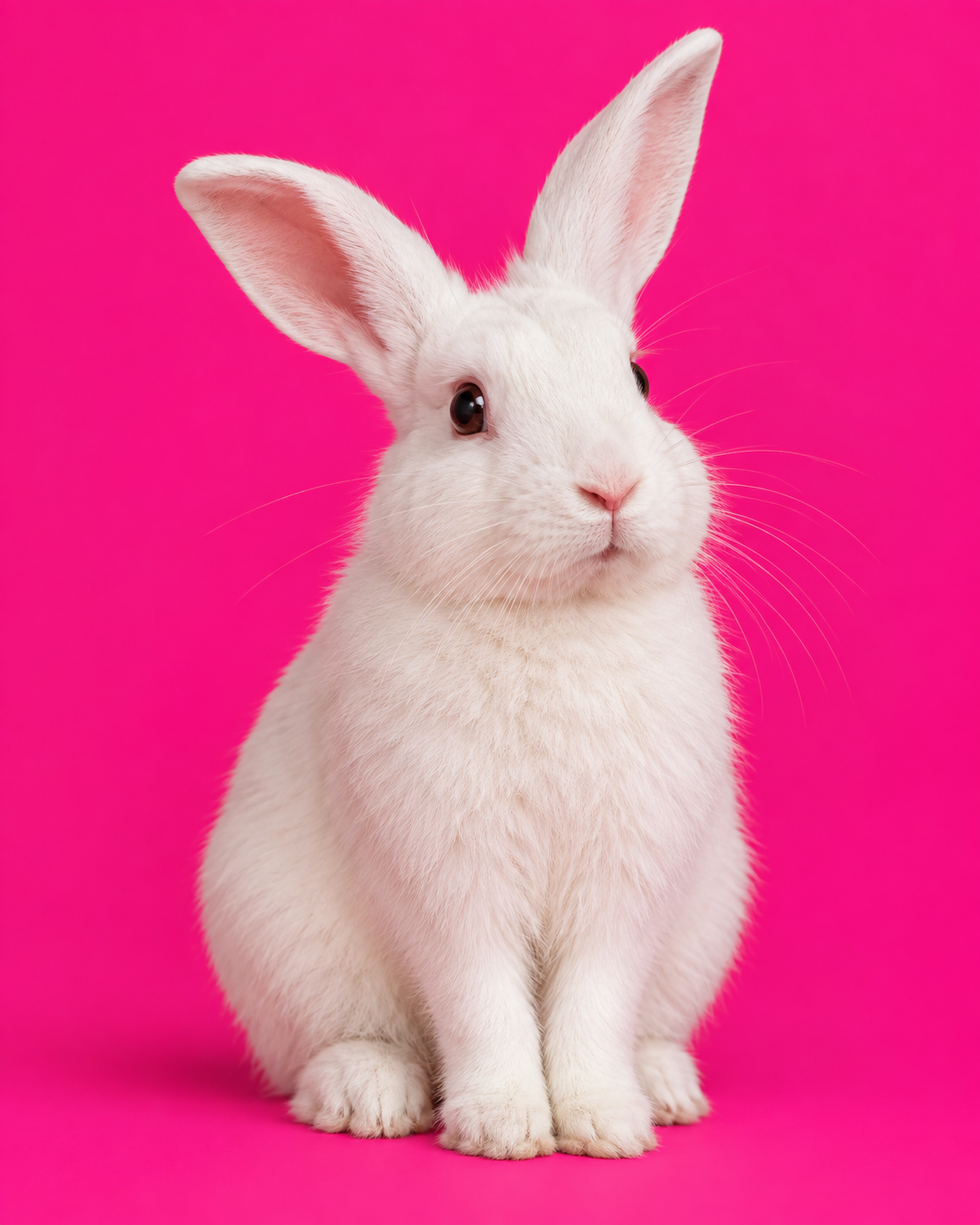 White rabbit with upright ears sitting against a bright fuchsia pink background